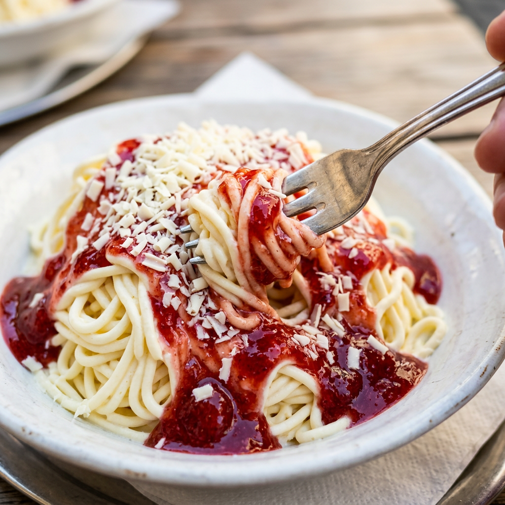 Une fourchette enroule des fils de Spaghetti-eis nappés de sauce fraise