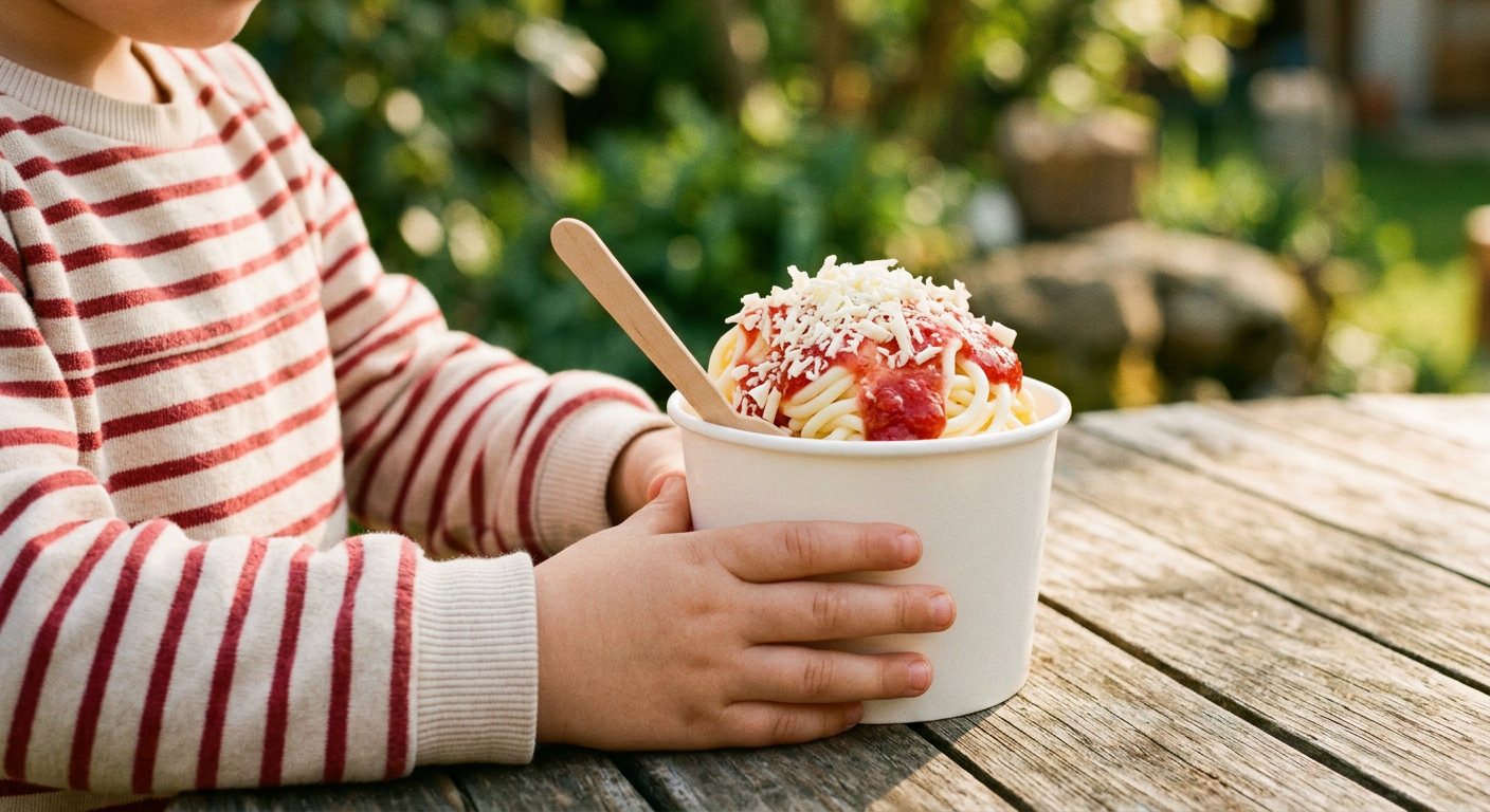 Un enfant en pull rayé tient une coupe en carton de Spaghetti-eis sur une table de jardin