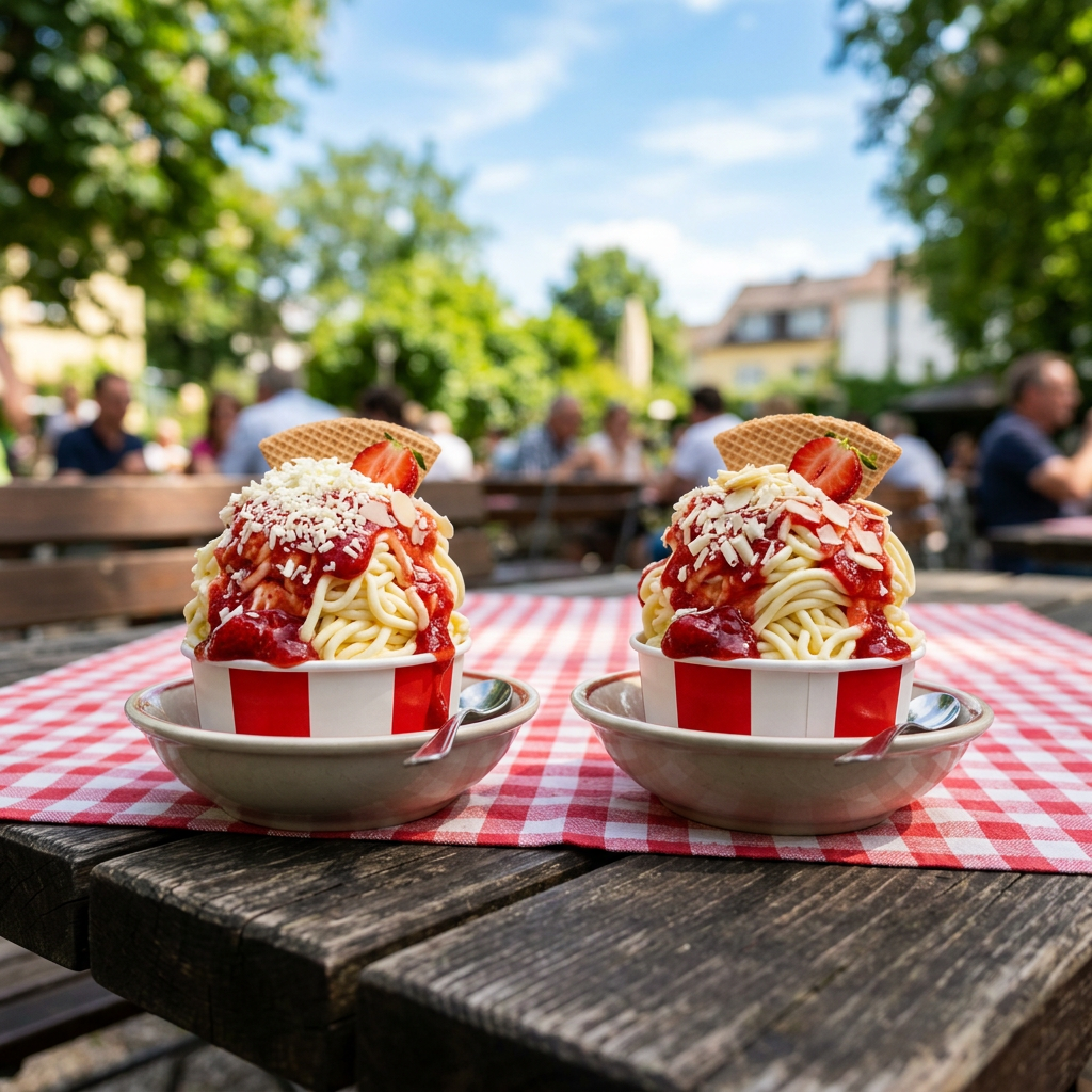 Deux coupes de Spaghetti-eis sur une nappe à carreaux, à une table en plein air