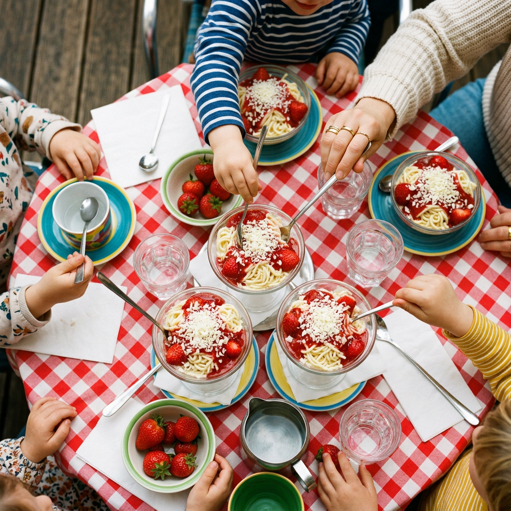 Une famille autour d’une table ronde à carreaux vue du dessus, avec des coupes de Spaghetti-eis et des fraises