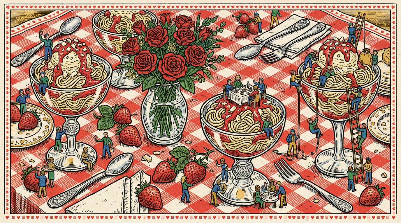 Illustrated gingham tablecloth covered in spaghetti-eis glasses, roses, strawberries and tiny people