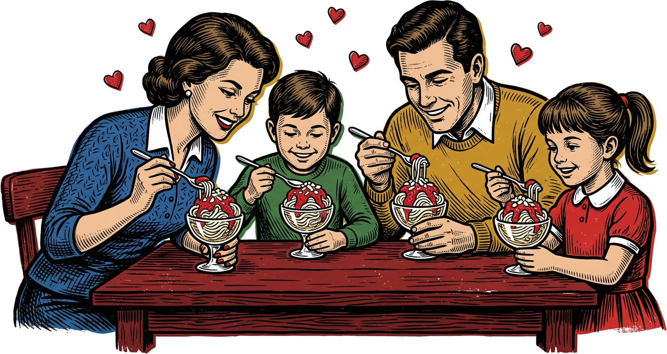 Illustration de deux parents et deux enfants partageant des coupes de Spaghetti-eis autour d’une table rouge